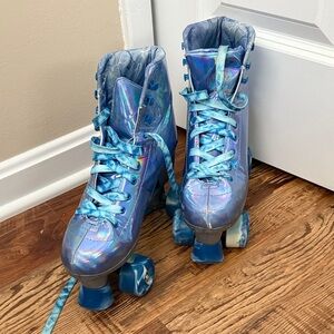 Holographic Blue Roller Skates